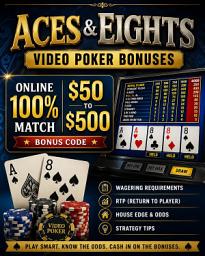 Icon image Aces & Eights Video Poker Bonuses: Online 100% match $50 to $500 Bonus Code: Wagering Requirements, RTP, House Edge, Odds, and Strategy Tips